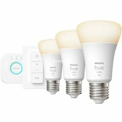 Leuchtmittel Philips Hue White Starter-Kit E27, LED-Lampe (drei Lampen, Eine Hue-Bridge, Ein Dimmschalter, Ersetzt 75 Watt)